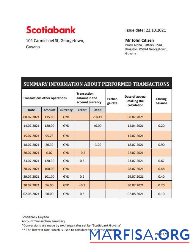 Printable Guyana Bank of Nova Scotia bank statement word download for verification
